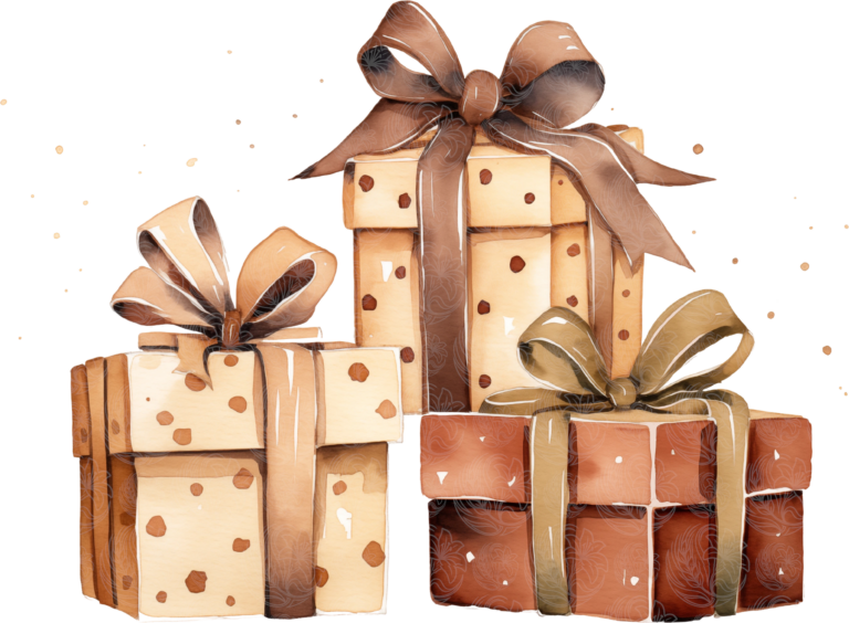 Vintage christmas gifts stacked with polka dot wrapping and ribbon bows illustrated in watercolour, Grey Barn Handwerk, Saskatchewan.